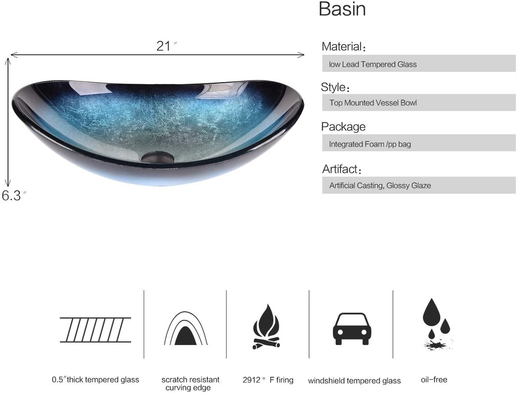 YOURLITE Bathroom Artistic Vessel Sink, Tempered Glass Countertop Bowl Sink