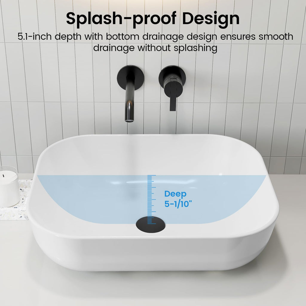 Matte Black Bathroom Vessel Sink Rectangular, 19.7â x 15.4â x 5.5â, Modern Countertop Bathroom Sink with Drainage Design, Above Counter Ceramic Basin for Powder Room - MJ-695