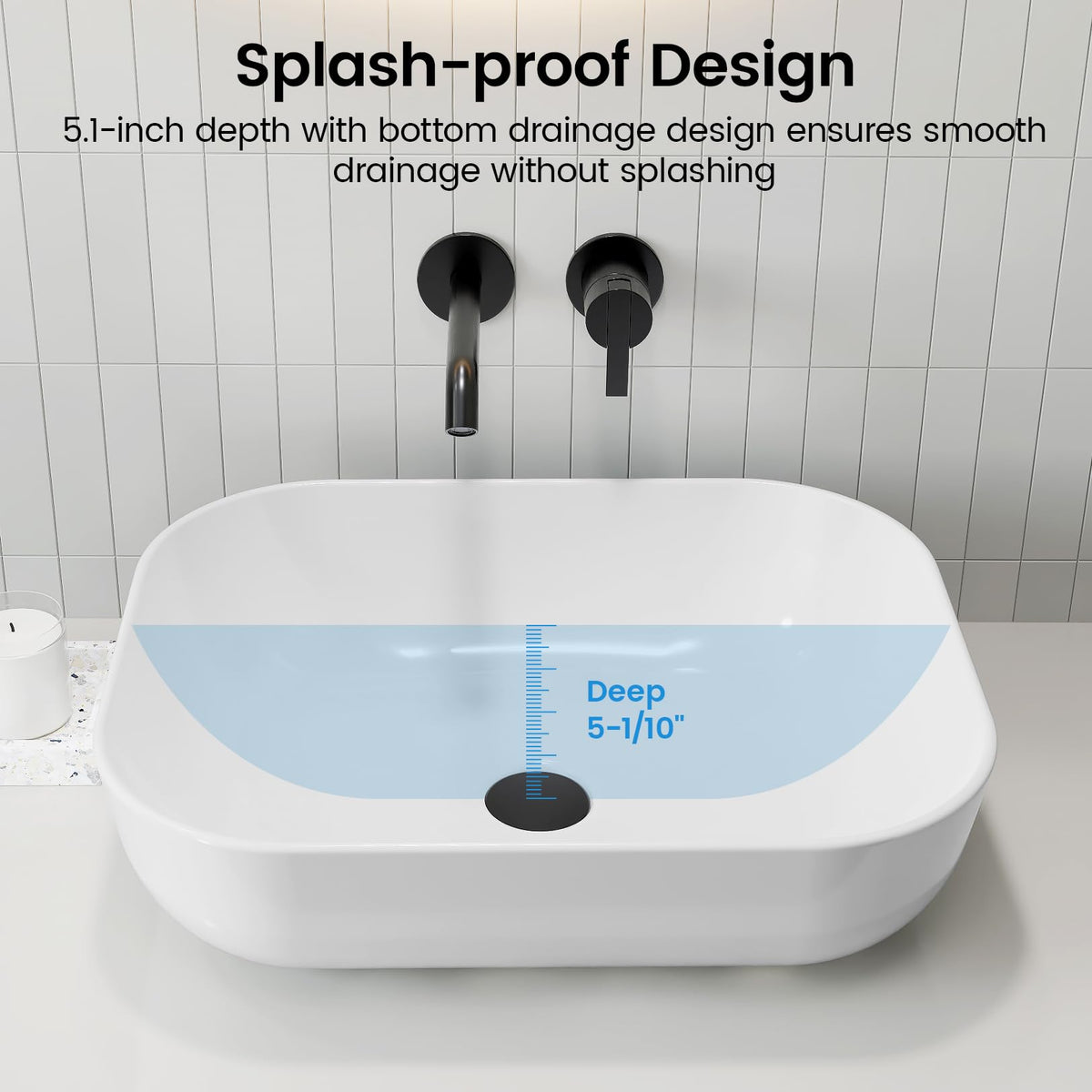 Matte Black Bathroom Vessel Sink Rectangular, 19.7â x 15.4â x 5.5â, Modern Countertop Bathroom Sink with Drainage Design, Above Counter Ceramic Basin for Powder Room - MJ-695