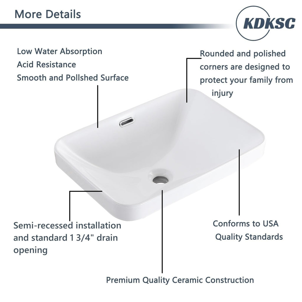 Bathroom Vessel Sink 16.7" X 12.6" Semi Recessed Bathroom Sink Rectangular Drop In Bathroom Sinks with Overflow White Ceramic Vessel Sinks for Bathroom Modern Above Counter Basin Vanity Sink