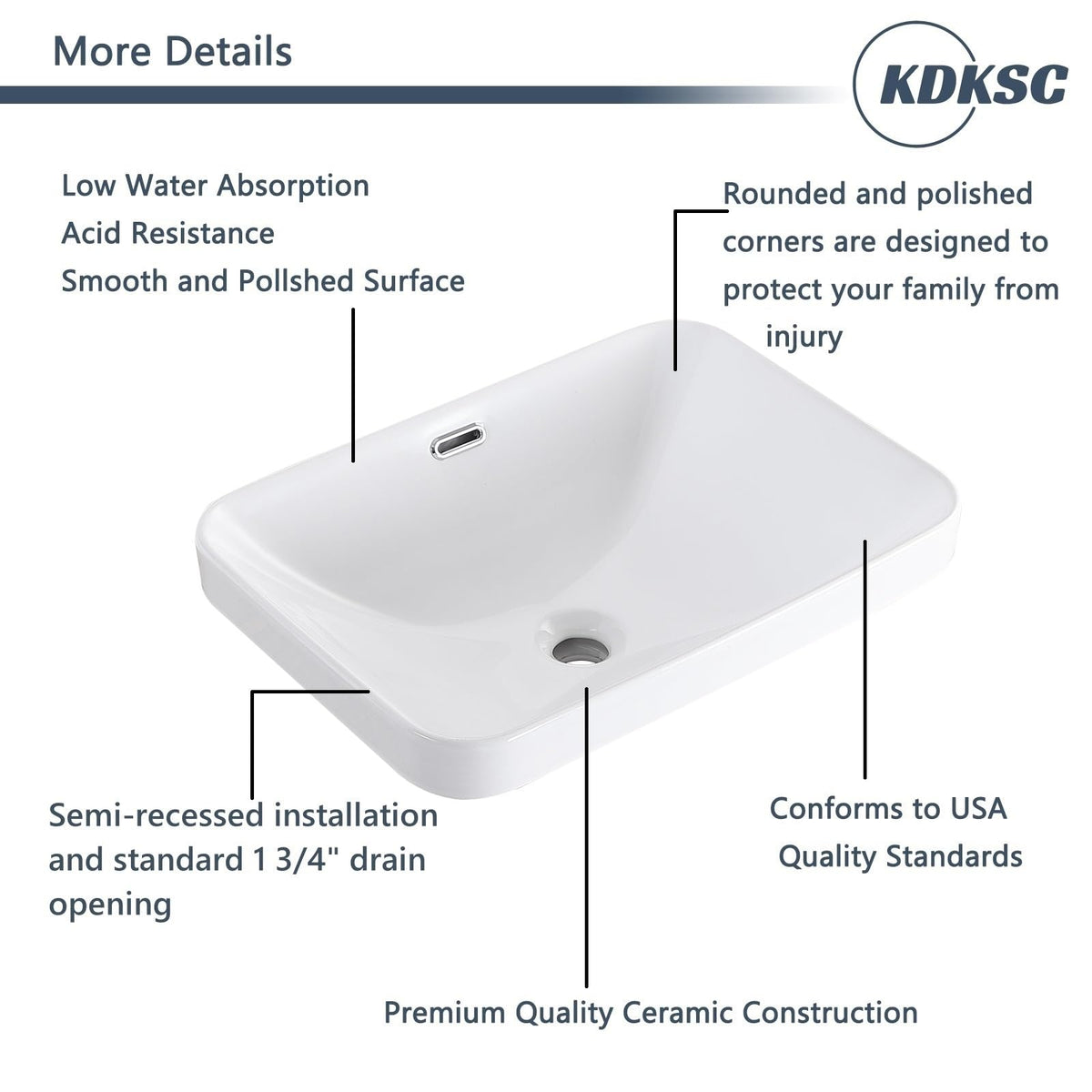 Bathroom Vessel Sink 16.7" X 12.6" Semi Recessed Bathroom Sink Rectangular Drop In Bathroom Sinks with Overflow White Ceramic Vessel Sinks for Bathroom Modern Above Counter Basin Vanity Sink