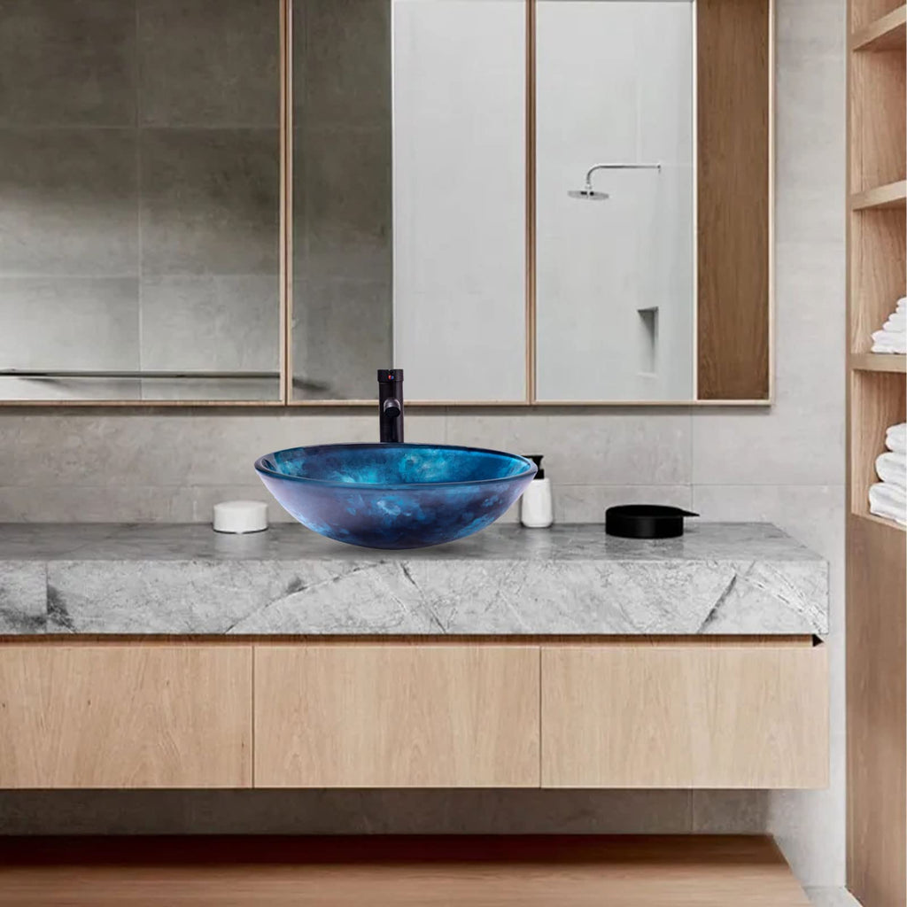 Design Vessel Sink Concrete Bathroom Sink above Counter Small Vessel Sink Bathroom Sink Bowl Countertop Modern Sinks with Faucet and Drain Combo 15.7" Round Gray