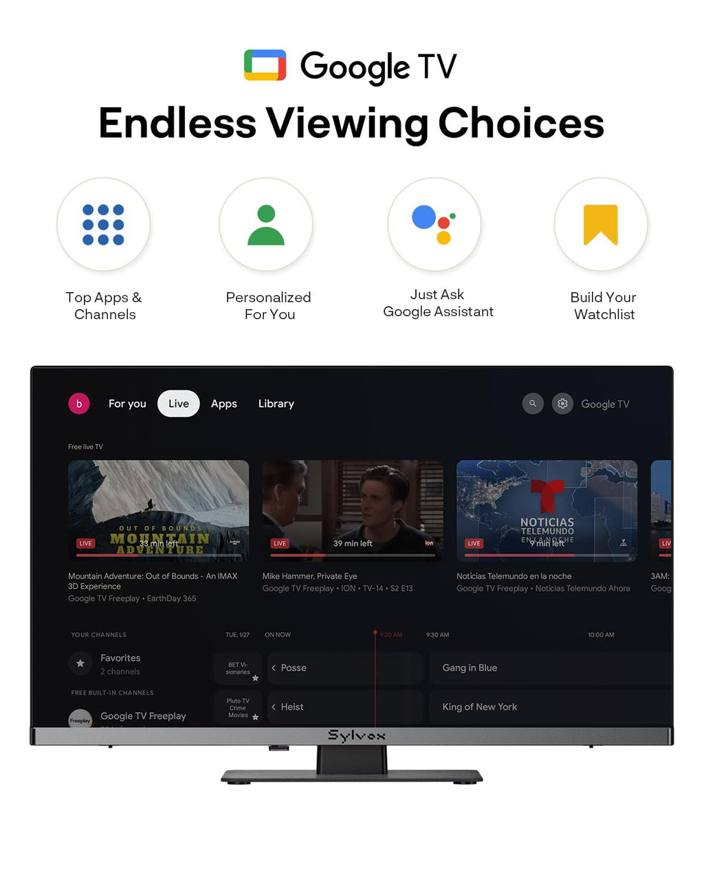 SYLVOX 24-Inch Smart RV TV, QLED 1080P FHD, Built-in DVD Player, Google TV OS, Wide Voltage Support 12V/24V AC/DC Television for RV & Home, HDMI & USB