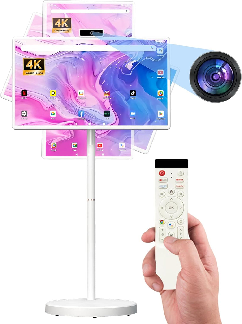 32-Inch FHD Smart Portable TV, Rolling TV on Wheels, Built-in Battery, Android 15 OS, Touch Screen Monitor, 6GB RAM + 128GB Storage, 8MP Camera, Full Swivel Rotation, Voice Remote