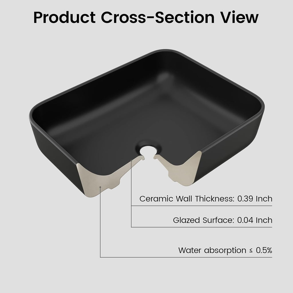 Matte Black Bathroom Vessel Sink Rectangular, 19.7â x 15.4â x 5.5â, Modern Countertop Bathroom Sink with Drainage Design, Above Counter Ceramic Basin for Powder Room - MJ-695