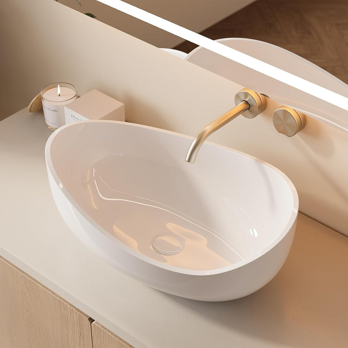 22.44'' Stone Resin Bathroom Vessel Sink, Glossy White
