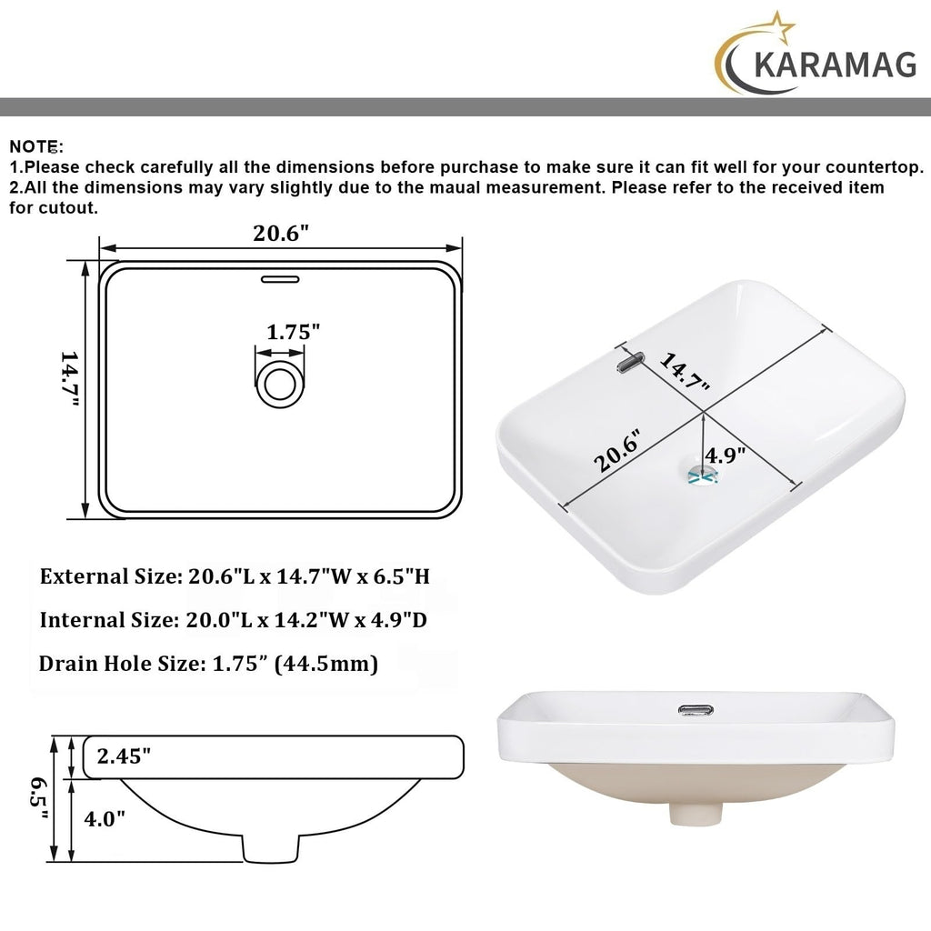 Small Bathroom Vessel Sink 16.7'' x 12.6'' Semi Recessed Bathroom Sink Rectangular Drop-in Vanity Sink with Overflow White Ceramic Modern Art Basin