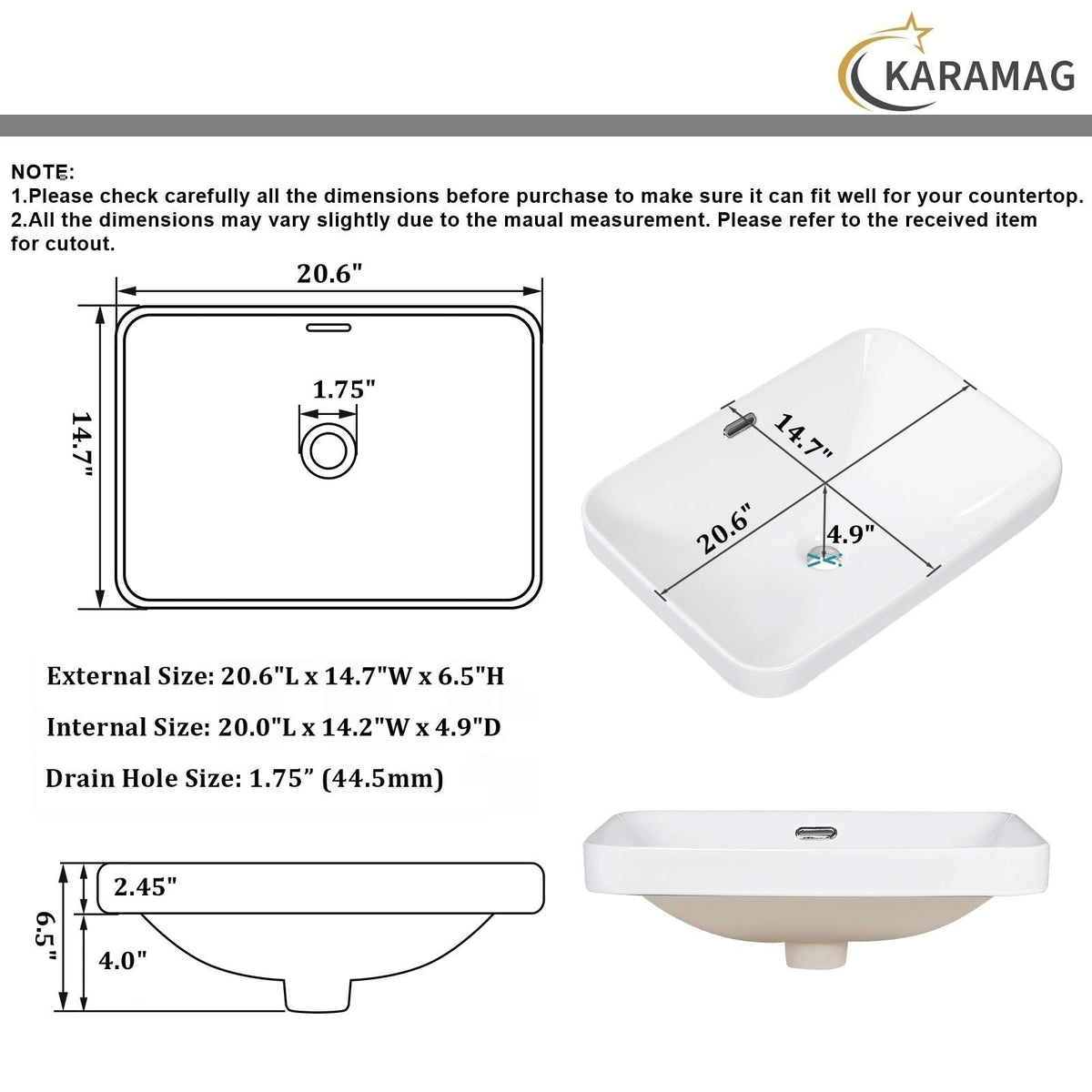 Small Bathroom Vessel Sink 16.7'' x 12.6'' Semi Recessed Bathroom Sink Rectangular Drop-in Vanity Sink with Overflow White Ceramic Modern Art Basin