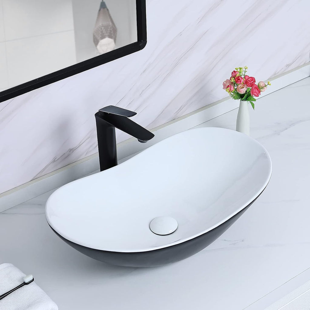 Davivy 24.5'' X 13.8'' Large Matte Black Oval Vessel Sink with Pop Up Drain,Ceramic Bathroom Sink Above Counter,Matte Black and White Vessel Sink for Bathroom (Large)