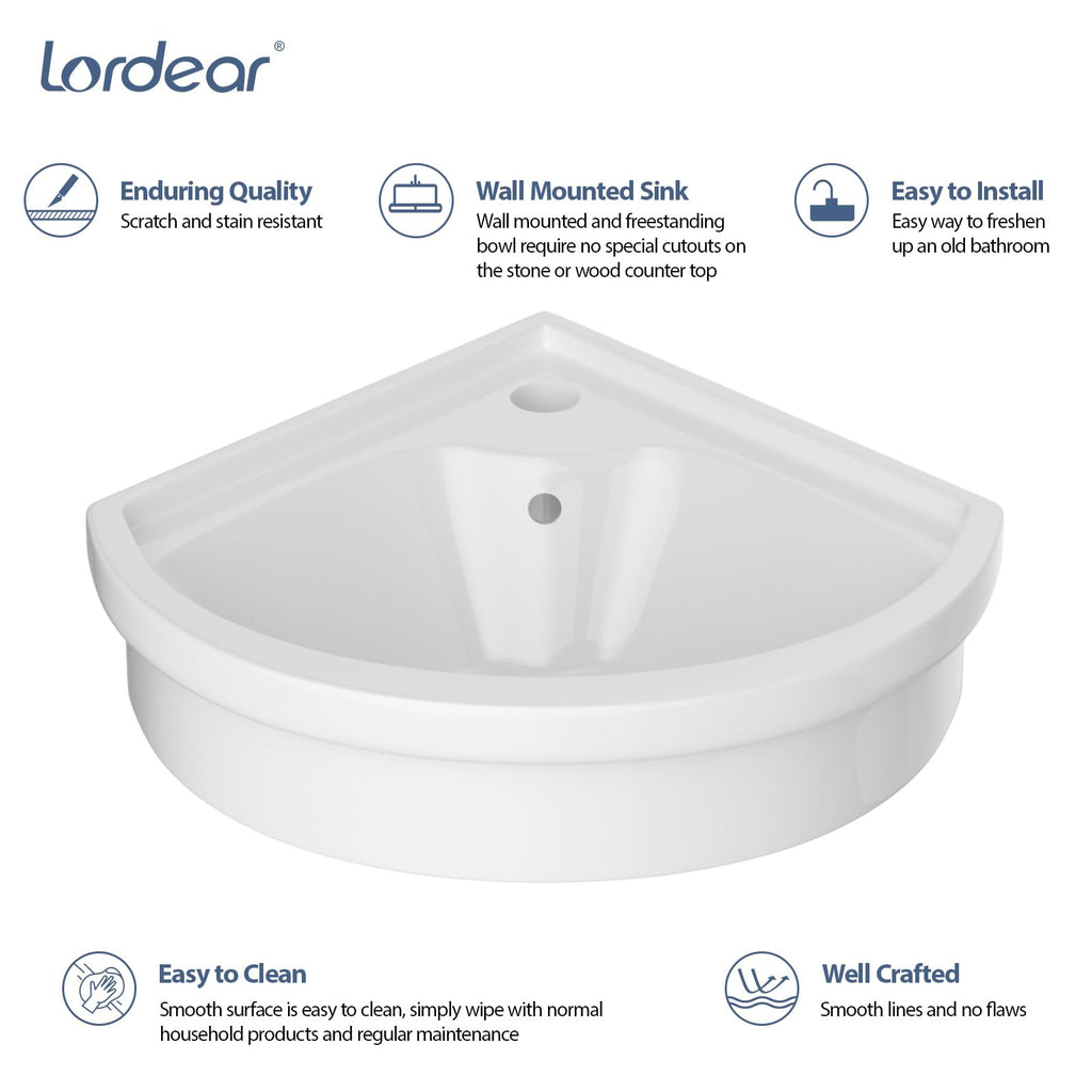 Lordear Wall Mounted Vessel Sink 16x11 Inch, U-Shape White Porcelain Bathroom Sink with Black Faucet and Support Pedestal Legs, Wall Hung Vanity Sink with Towel Rack for Small Bathrooms