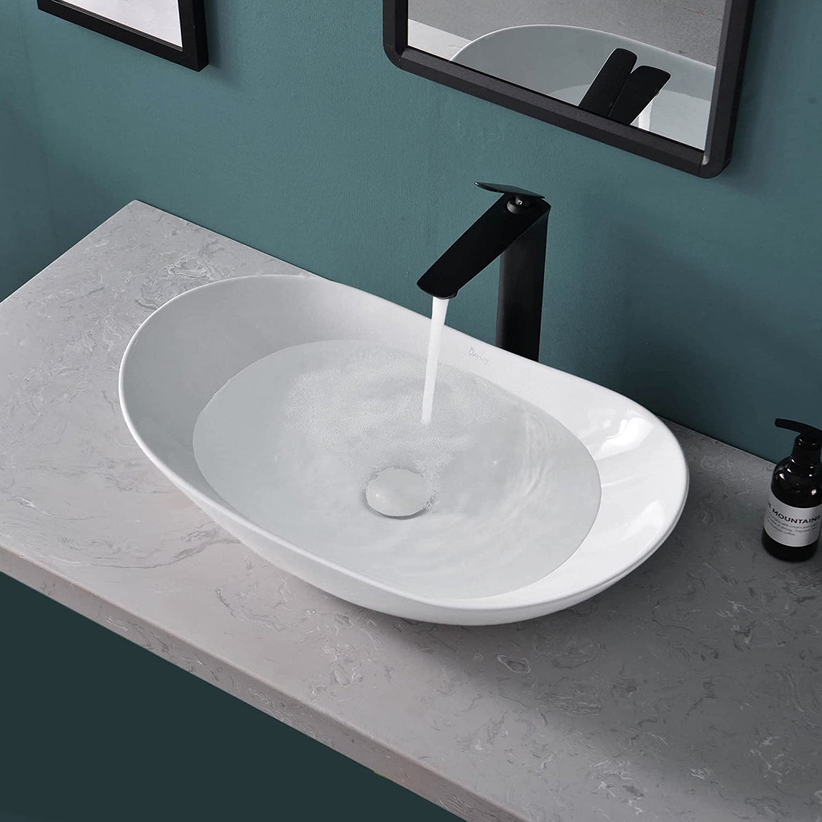 Davivy 24.5'' X 13.8'' Large Matte Black Oval Vessel Sink with Pop Up Drain,Ceramic Bathroom Sink Above Counter,Matte Black and White Vessel Sink for Bathroom (Large)