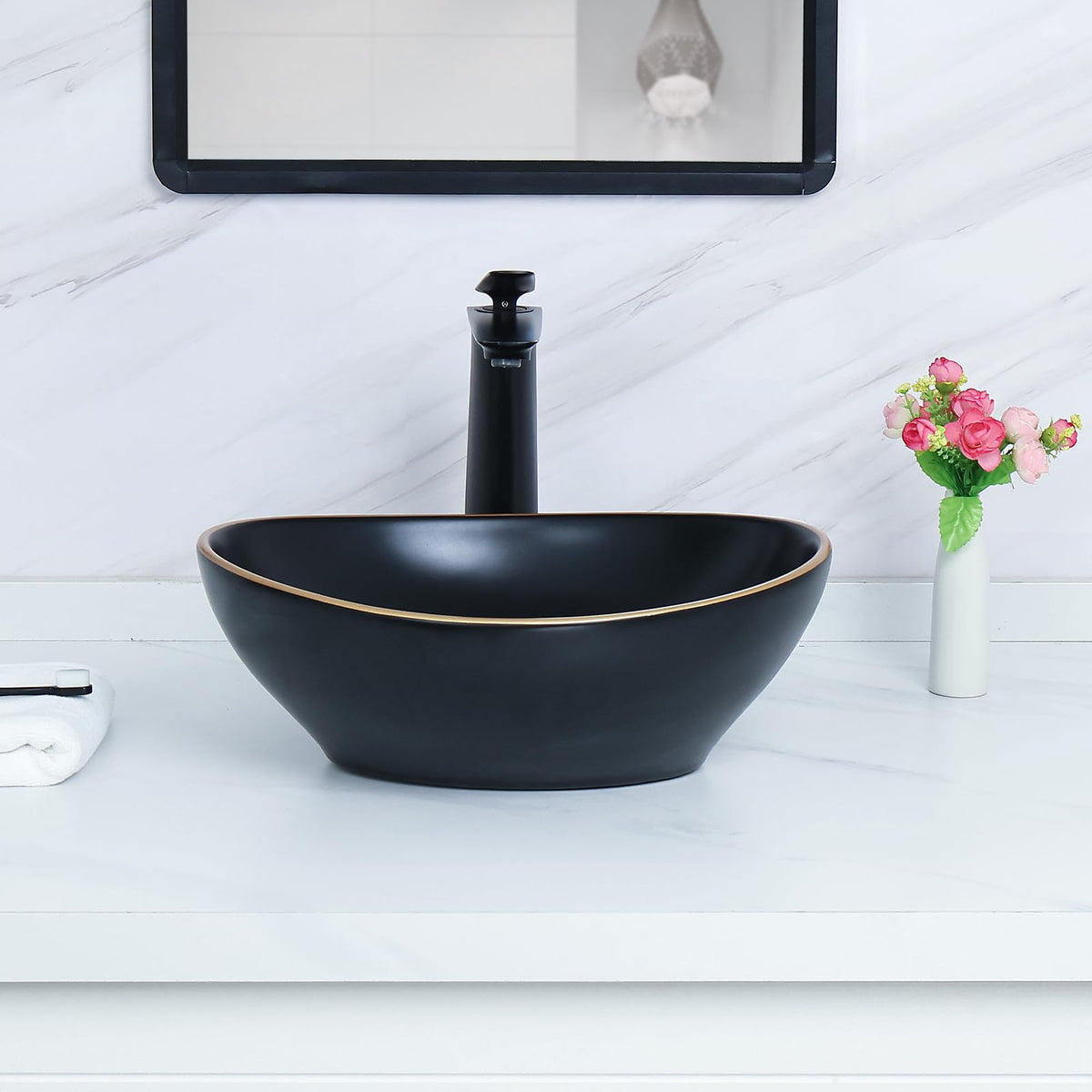 Davivy 16'' X 13'' Nordic Marbling Oval Vessel Sink with Pop Up Drain,Ceramic Vessel Sink,Bathroom Sinks Above Counter,Bathroom Vessel Sinks,Counter top Sink,Oval Sink Bowls for Bathroom