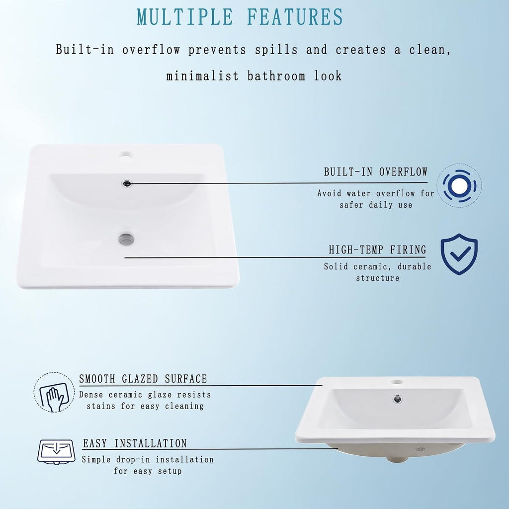 21x18 White Drop In Vessel Bathroom Sink Rectangular Ceramic