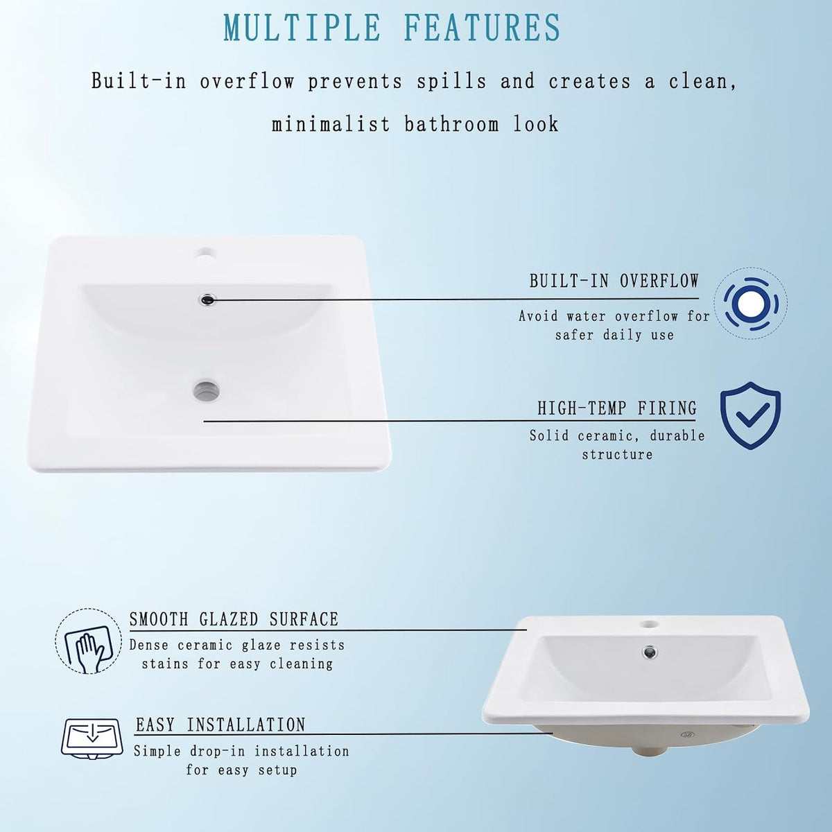 21x18 White Drop In Vessel Bathroom Sink Rectangular Ceramic