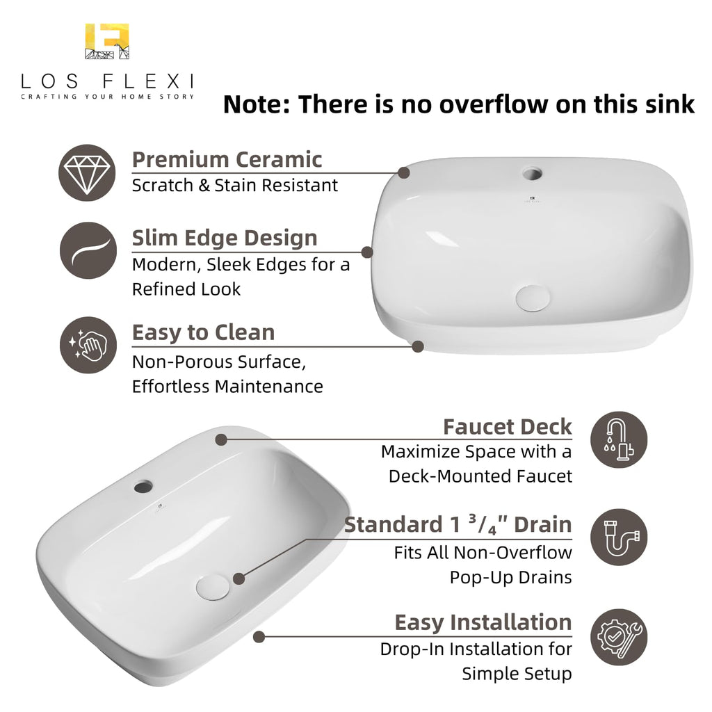 20â³W x 17â³D Drop In Bathroom Sink with Free Pop-Up Drain, White Ceramic Rectangular Semi Recessed Bathroom Sink with Single Faucet Hole, Modern Vessel Sink, Durable Above Counter Basin