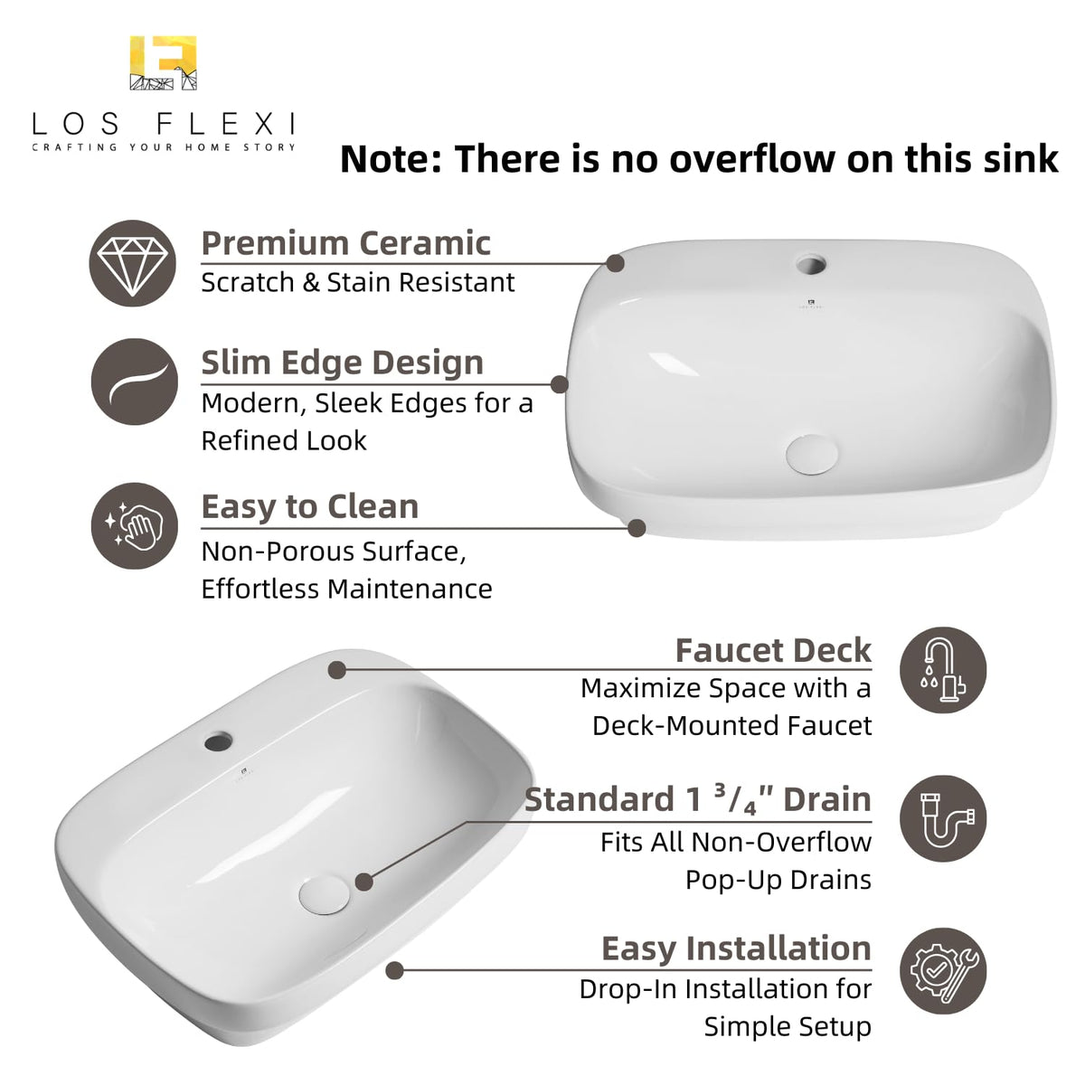 20â³W x 17â³D Drop In Bathroom Sink with Free Pop-Up Drain, White Ceramic Rectangular Semi Recessed Bathroom Sink with Single Faucet Hole, Modern Vessel Sink, Durable Above Counter Basin