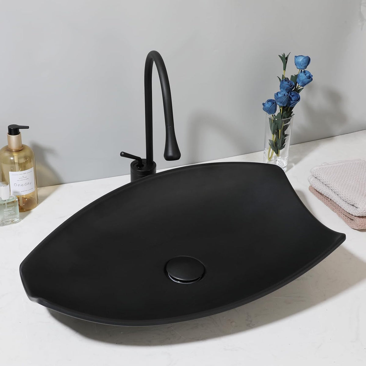 21 Inch Black Bathroom Vessel Sink Set (Irregular Rectangular)