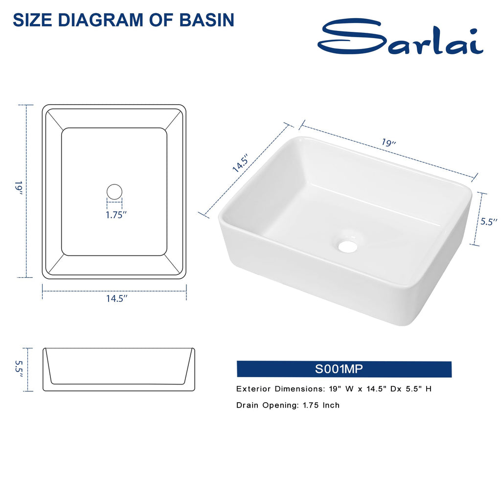 Sarlai Black Vessel Sink Rectangular - 24"x14" Modern Bathroom Vessel Sink Rectangle Above Counter Black Ceramic Porcelain Lavatory Vanity Sink Art Basin