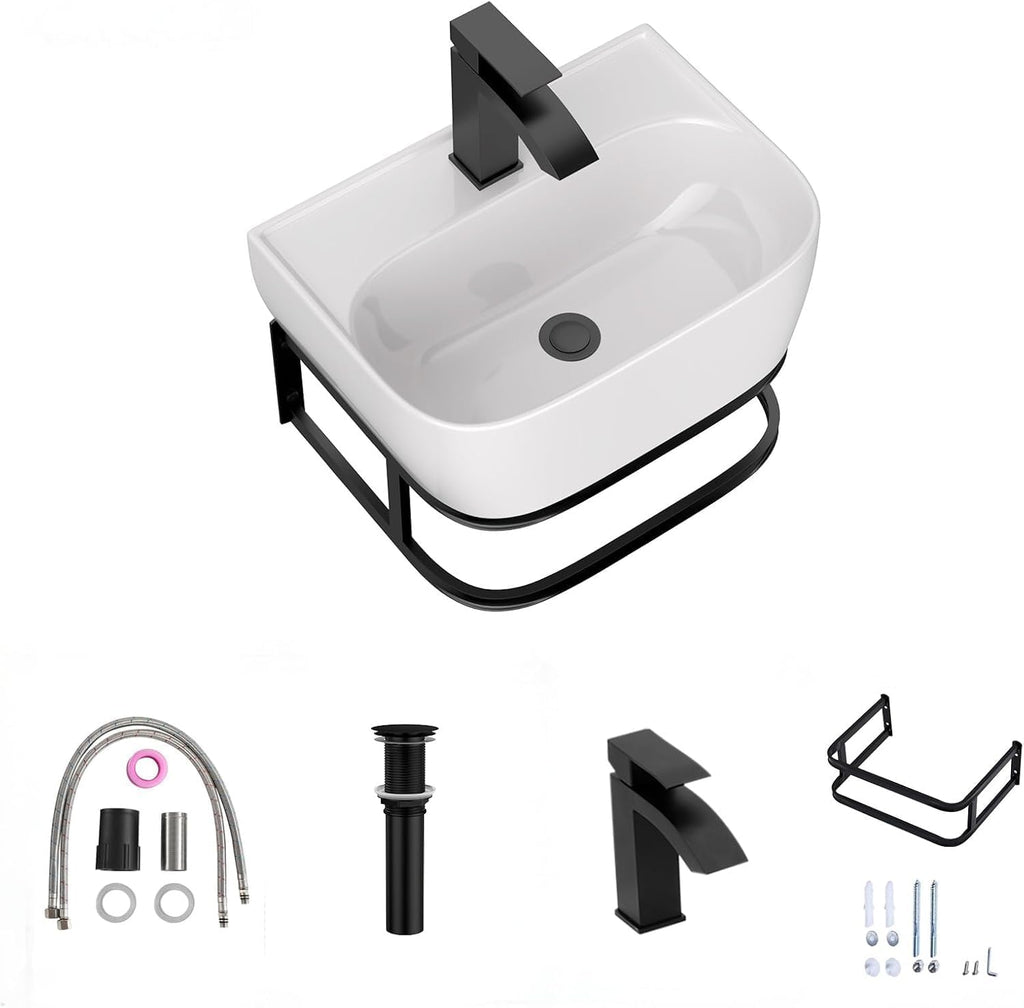 Lordear Wall Mounted Vessel Sink 16x11 Inch, U-Shape White Porcelain Bathroom Sink with Black Faucet and Support Pedestal Legs, Wall Hung Vanity Sink with Towel Rack for Small Bathrooms