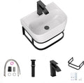 Lordear Wall Mounted Vessel Sink 16x11 Inch, U-Shape White Porcelain Bathroom Sink with Black Faucet and Support Pedestal Legs, Wall Hung Vanity Sink with Towel Rack for Small Bathrooms