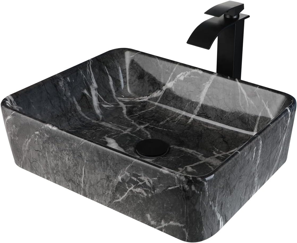 19"x15" Black Marbling Vessel Sink Set Rectangular