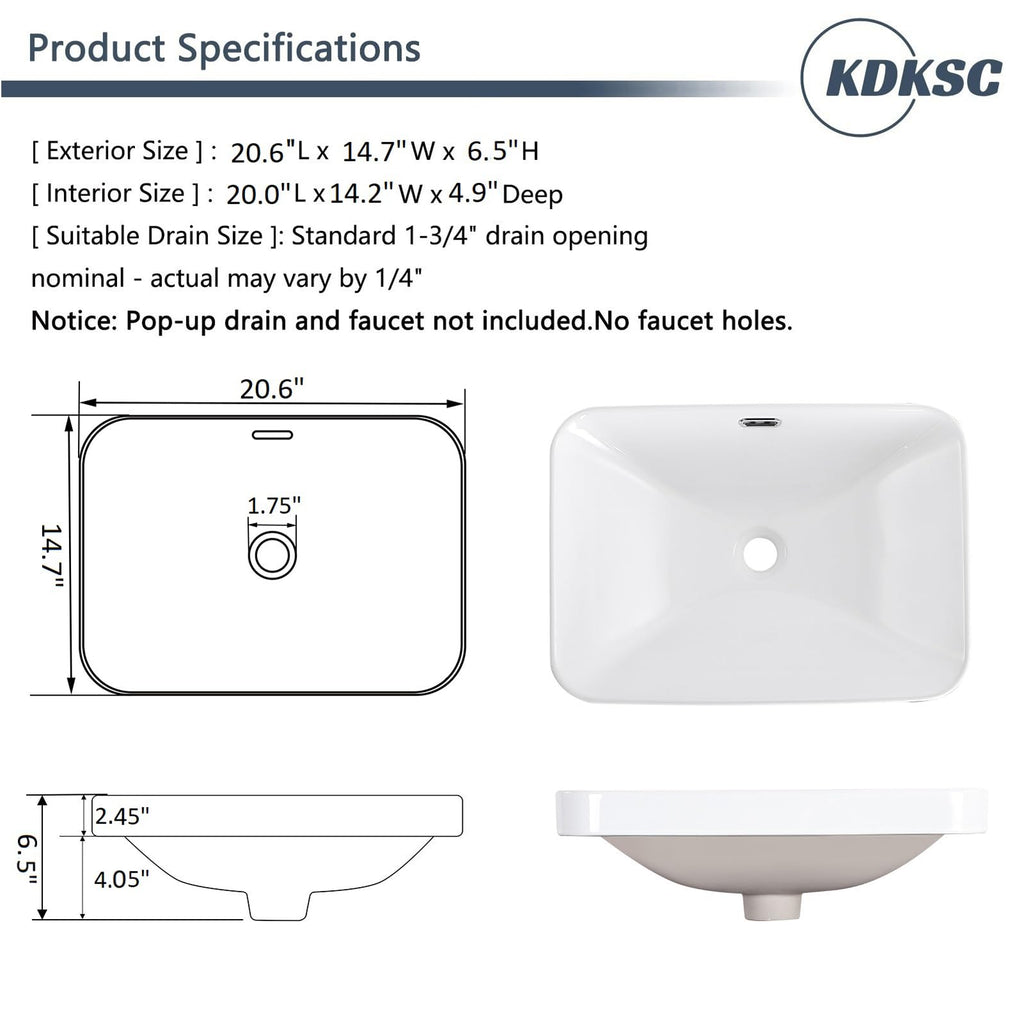 Bathroom Vessel Sink 16.7" X 12.6" Semi Recessed Bathroom Sink Rectangular Drop In Bathroom Sinks with Overflow White Ceramic Vessel Sinks for Bathroom Modern Above Counter Basin Vanity Sink