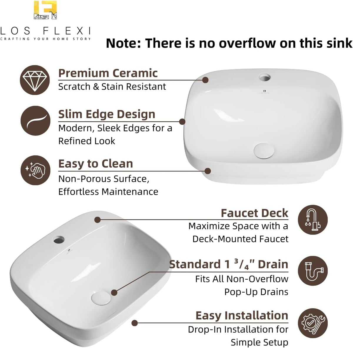 20â³W x 17â³D Drop In Bathroom Sink with Free Pop-Up Drain, White Ceramic Rectangular Semi Recessed Bathroom Sink with Single Faucet Hole, Modern Vessel Sink, Durable Above Counter Basin