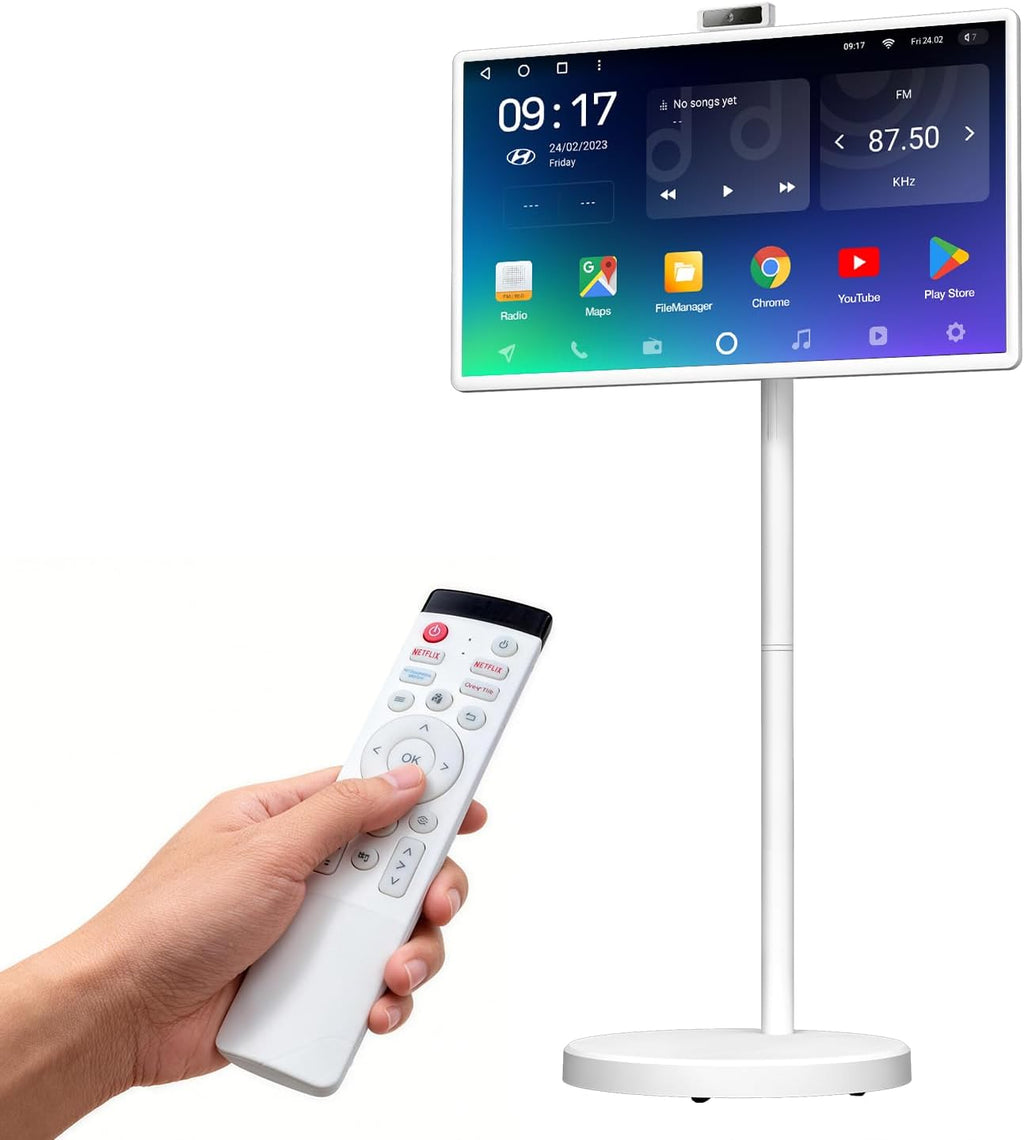 VLH 32 Inch Smart Portable TV Tablet with Rolling Stand, 1080P Touch Screen Rolling TV, Built-in 38400mAh Battery, Android 15, 8+128GB Wireless TV on Wheels with Remote, 360Â° Rotation, 5MP Camera