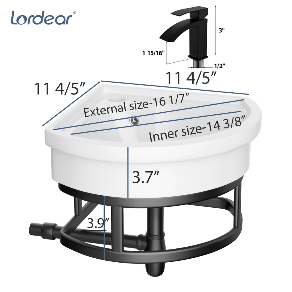 Lordear Wall Mounted Vessel Sink 16x11 Inch, U-Shape White Porcelain Bathroom Sink with Black Faucet and Support Pedestal Legs, Wall Hung Vanity Sink with Towel Rack for Small Bathrooms