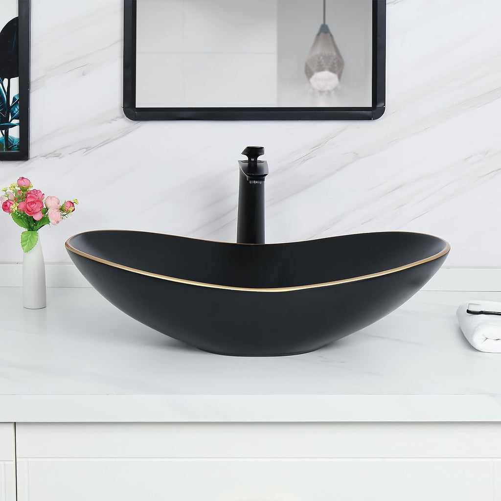 Davivy 24.5'' X 13.8'' Large Matte Black Oval Vessel Sink with Pop Up Drain,Bathroom Sinks Above Counter,Black Vessel Sink with Gold Trim,Ceramic Vessel Sinks for Bathrooms (Large)