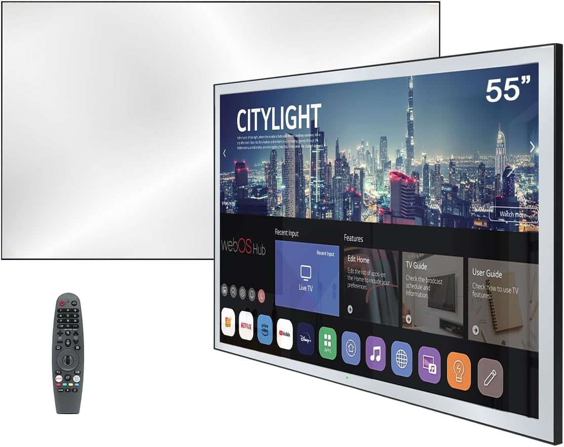 Soulaca 55 inches Smart Waterproof Mirror TV 4K UHD webOS Built-in ATSC DTV Tuner Voice Control, Large Bathroom & Indoor Hotel Resort Television Wall-Mount Big Screen Pool