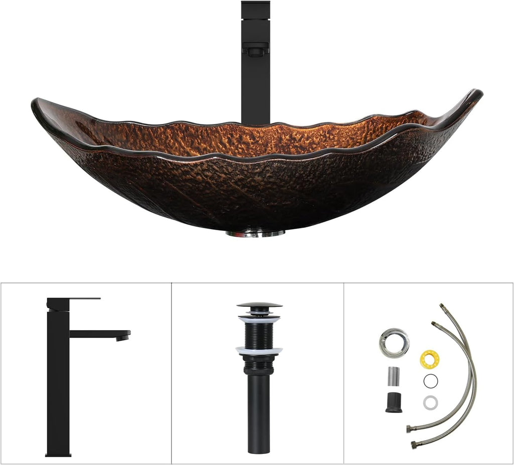 Bathroom Leaf Shape Artistic Glass Vessel Sink, Brown