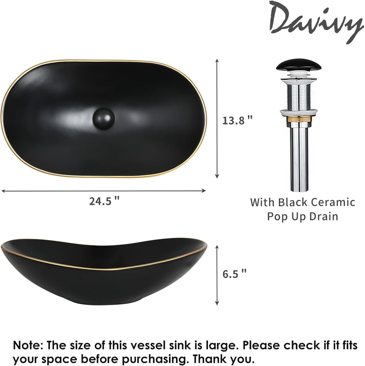Davivy 24.5'' X 13.8'' Large Matte Black Oval Vessel Sink with Pop Up Drain,Bathroom Sinks Above Counter,Black Vessel Sink with Gold Trim,Ceramic Vessel Sinks for Bathrooms (Large)
