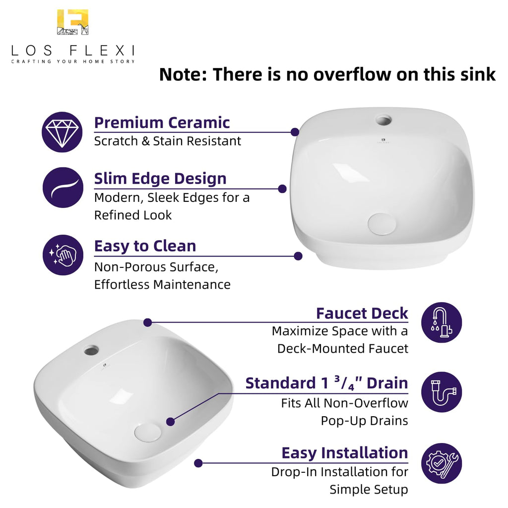 20â³W x 17â³D Drop In Bathroom Sink with Free Pop-Up Drain, White Ceramic Rectangular Semi Recessed Bathroom Sink with Single Faucet Hole, Modern Vessel Sink, Durable Above Counter Basin