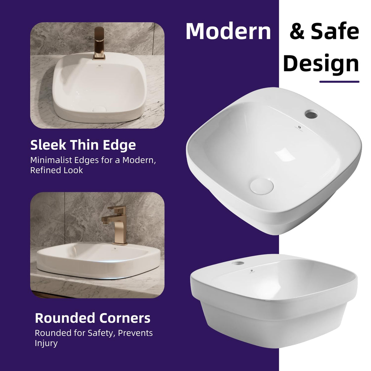 20â³W x 17â³D Drop In Bathroom Sink with Free Pop-Up Drain, White Ceramic Rectangular Semi Recessed Bathroom Sink with Single Faucet Hole, Modern Vessel Sink, Durable Above Counter Basin