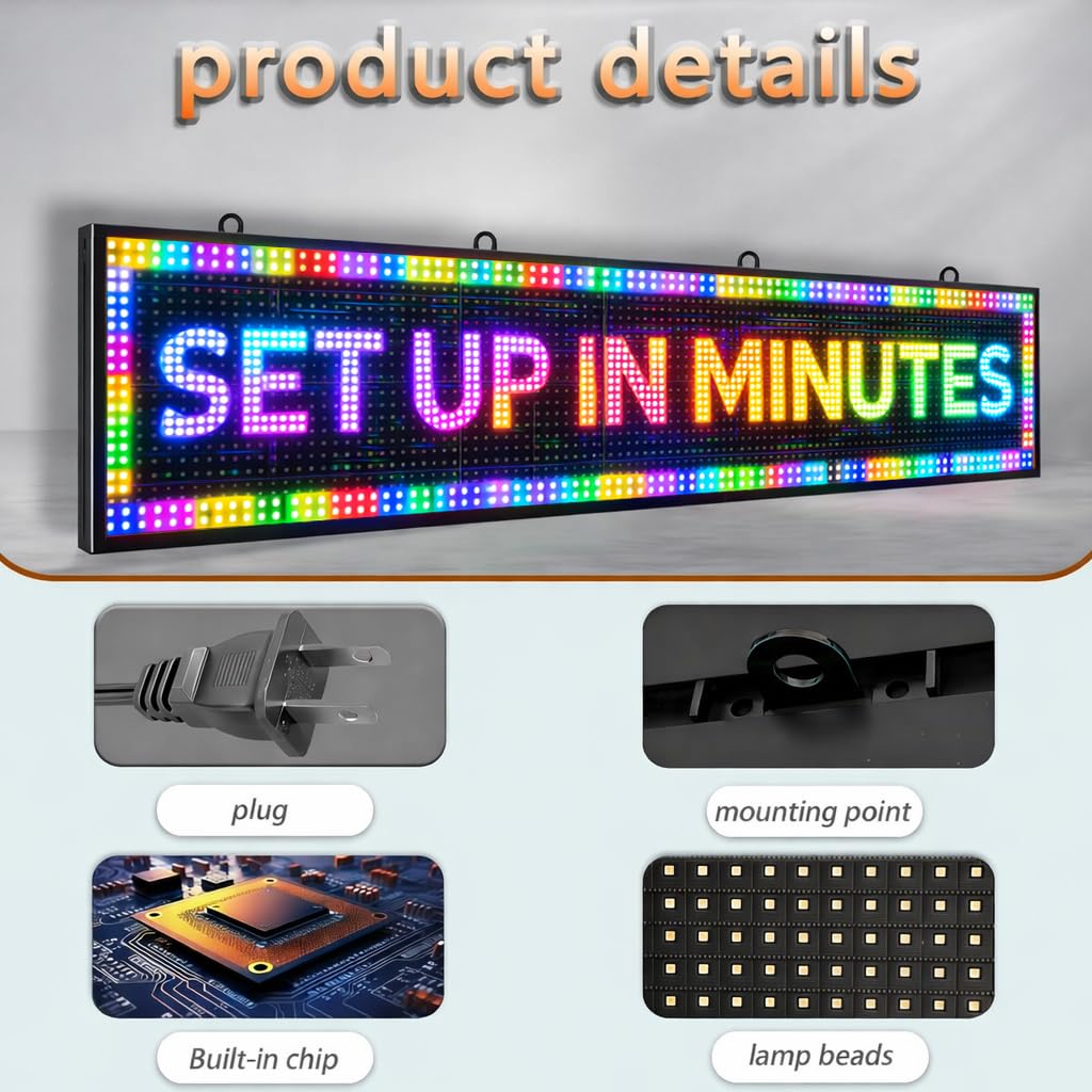 Outdoor P10 LED Message Sign 39"x14" Waterproof High Brightness WiFi Programmable Scrolling Text Display Board for Business, Storefront, Restaurant, Church, Events