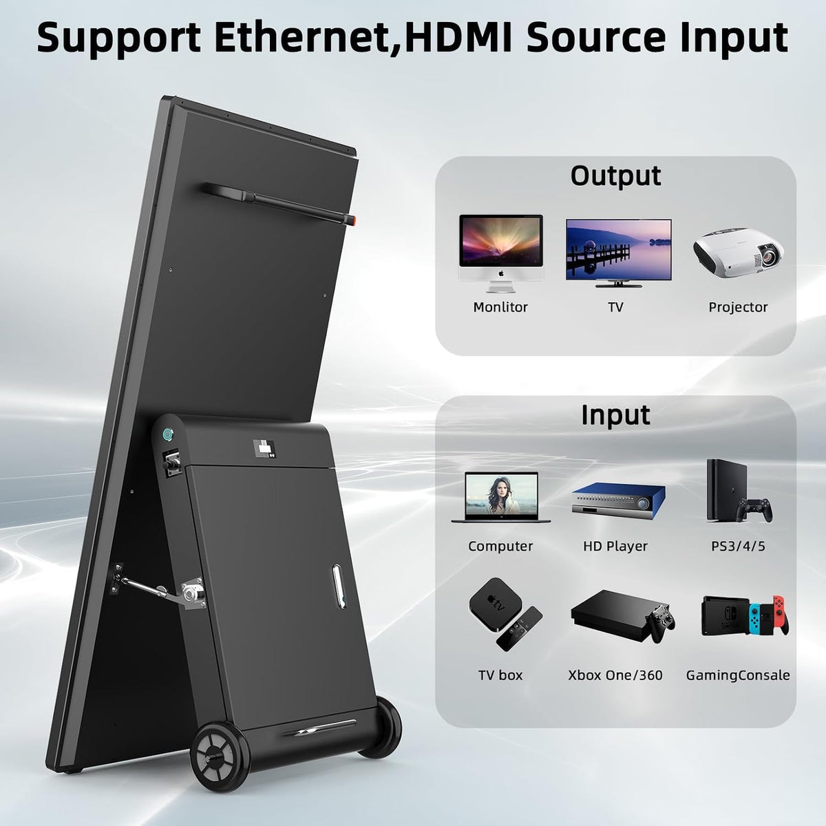 43 Inch Outdoor Digital Signage A-Frame Displays, Rechargeable Digital LCD Kiosks, Moveable Commercial Totem, IP65 Waterproof, Auto Adjustment 2000nits High Brightness Screen, High Capacity Battery for Restaurant/Bar/Food Truck/Store