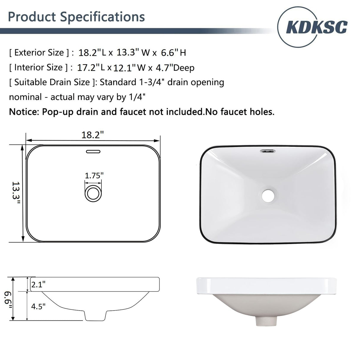 Bathroom Vessel Sink 16.7" X 12.6" Semi Recessed Bathroom Sink Rectangular Drop In Bathroom Sinks with Overflow White Ceramic Vessel Sinks for Bathroom Modern Above Counter Basin Vanity Sink