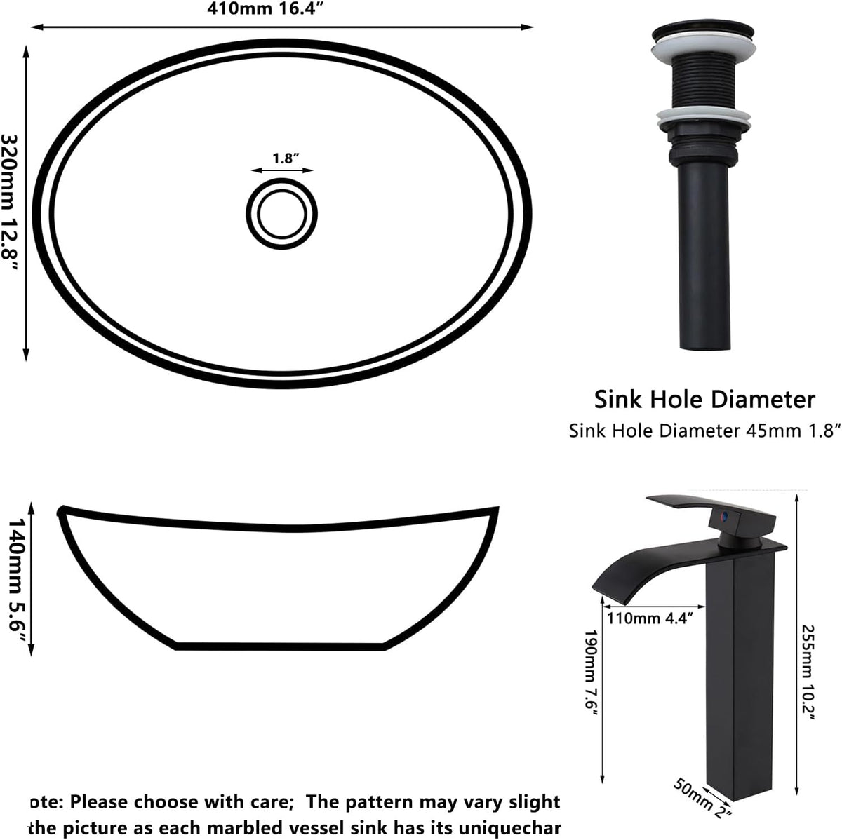 Ceramic Vessel Sink with Faucet and Drain Combo Brown Bathroom Sink Above Counter Oval Sinks Bowl