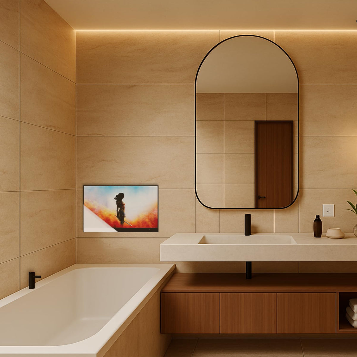 Soulaca 55 inches Smart Waterproof Mirror TV 4K UHD webOS Built-in ATSC DTV Tuner Voice Control, Large Bathroom & Indoor Hotel Resort Television Wall-Mount Big Screen Pool