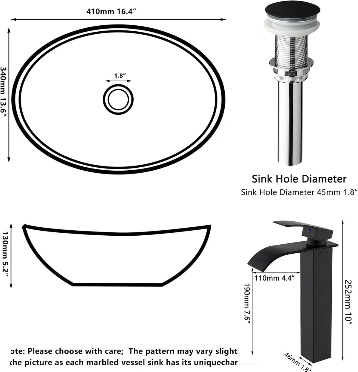 16" Bathroom Vessel Sink Oval Black Bowl