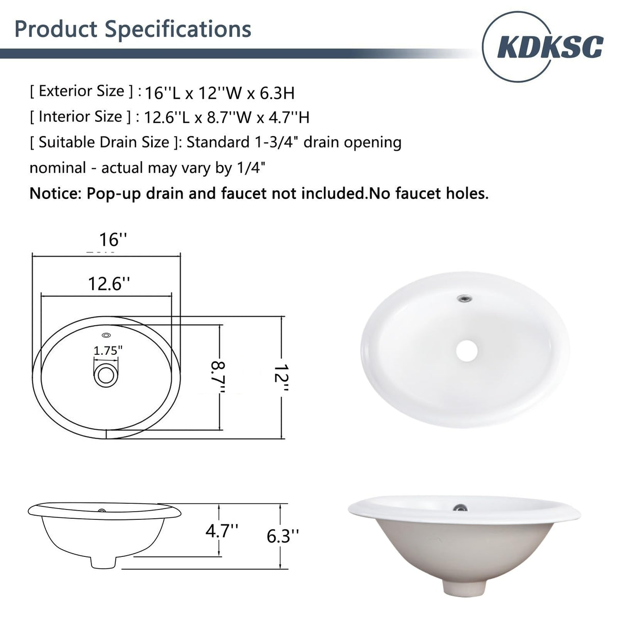 Bathroom Vessel Sink 16.7" X 12.6" Semi Recessed Bathroom Sink Rectangular Drop In Bathroom Sinks with Overflow White Ceramic Vessel Sinks for Bathroom Modern Above Counter Basin Vanity Sink