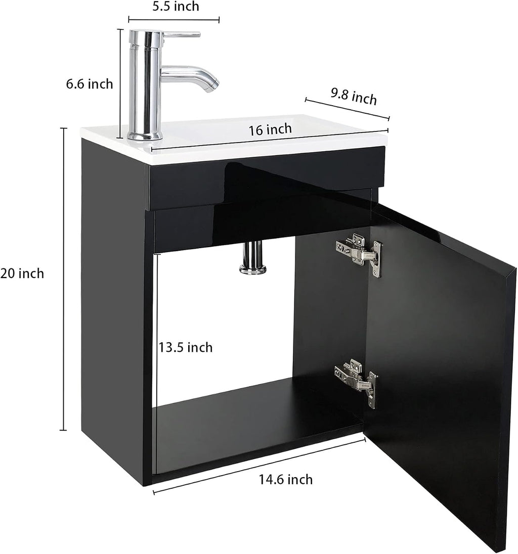 AHB 16" Bathroom Vanity W/Sink Combo for Small Space, Wall Mounted Bathroom Cabinet Set with Chrome Faucet Pop Up Drain U Shape Drain(Black)â¦