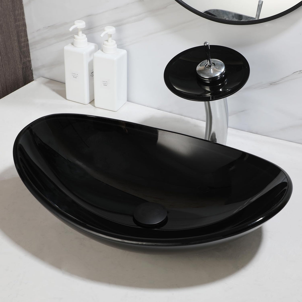 22" Black Oval Bathroom Vessel Sink Tempered Glass Washing Bowl