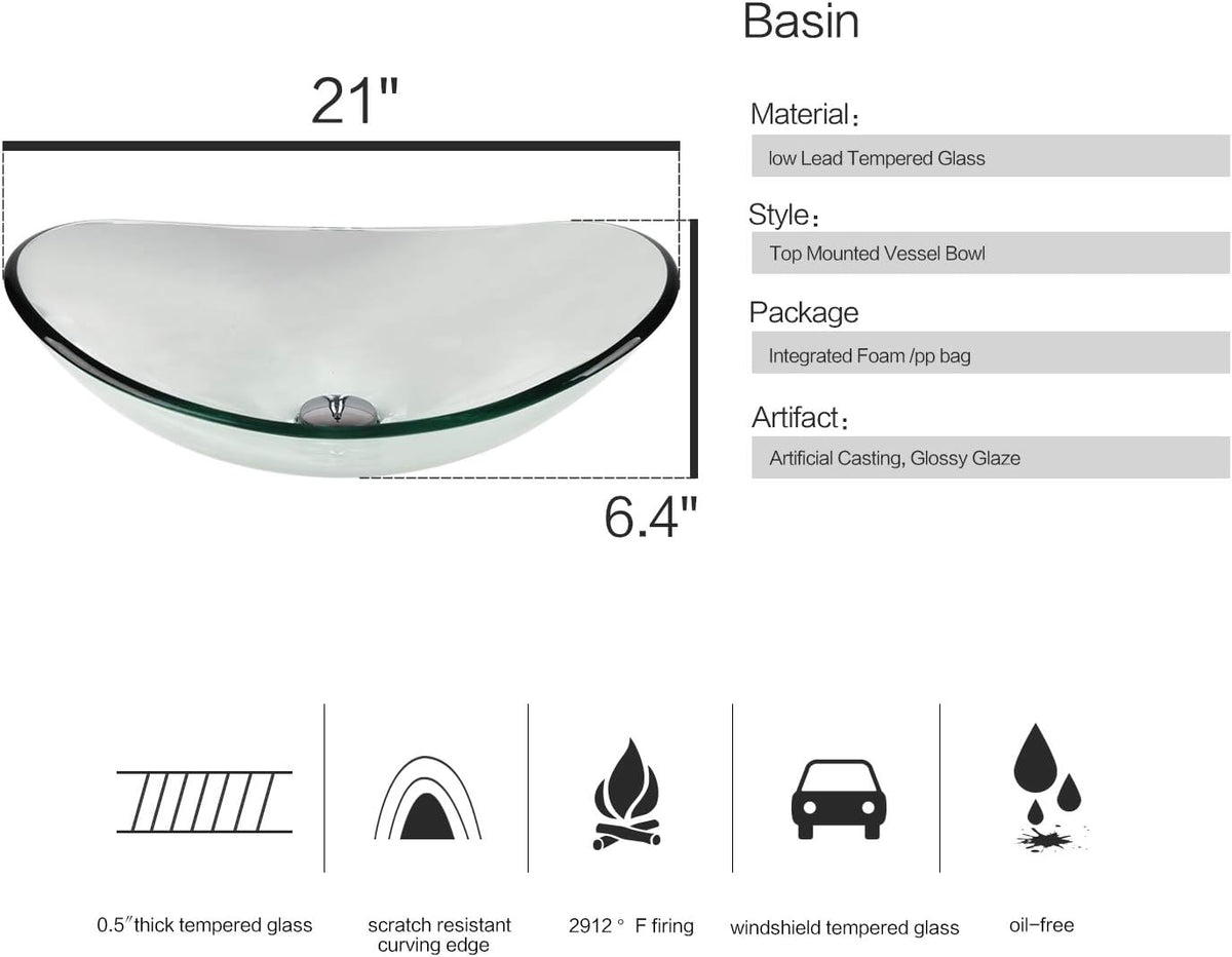 YOURLITE Bathroom Artistic Vessel Sink, Tempered Glass Countertop Bowl Sink