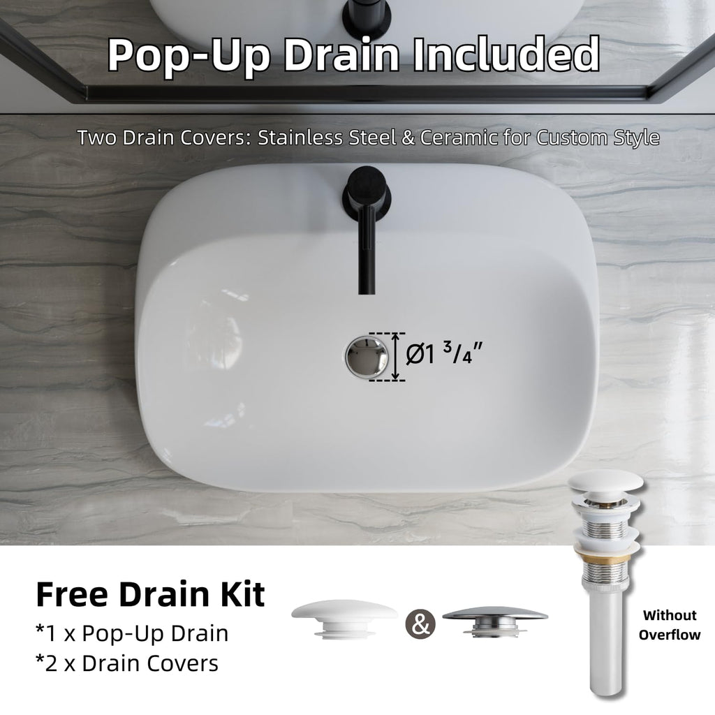 20â³W x 17â³D Drop In Bathroom Sink with Free Pop-Up Drain, White Ceramic Rectangular Semi Recessed Bathroom Sink with Single Faucet Hole, Modern Vessel Sink, Durable Above Counter Basin