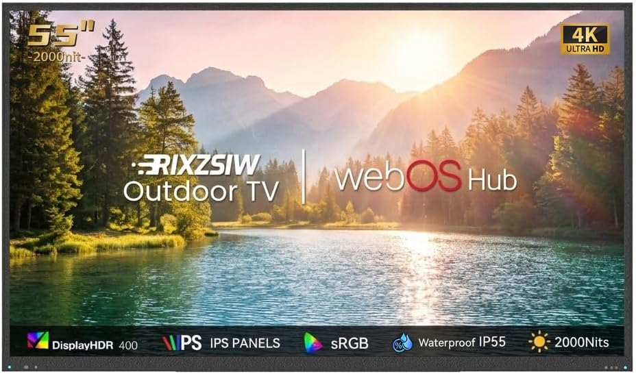 55 Inch Outdoor TV, 2000 Nits Ultra Bright 4K UHD Weatherproof Television, IP55 Waterproof Smart Outside TV with WebOS for Sunlight, Backyard, Poolside, Deck & Patio