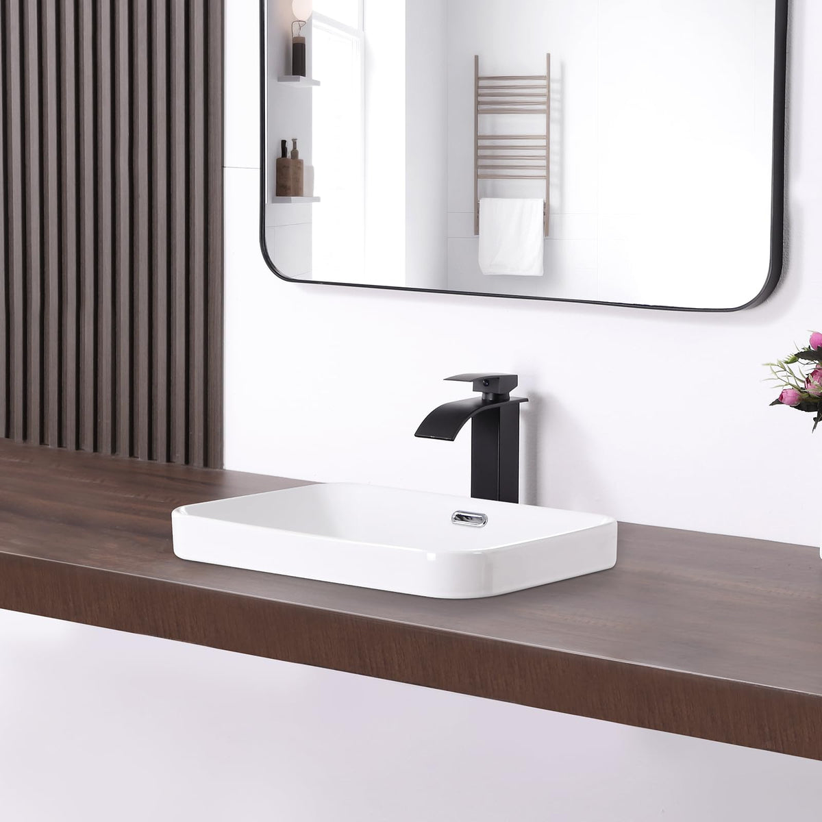 Small Bathroom Vessel Sink 16.7'' x 12.6'' Semi Recessed Bathroom Sink Rectangular Drop-in Vanity Sink with Overflow White Ceramic Modern Art Basin