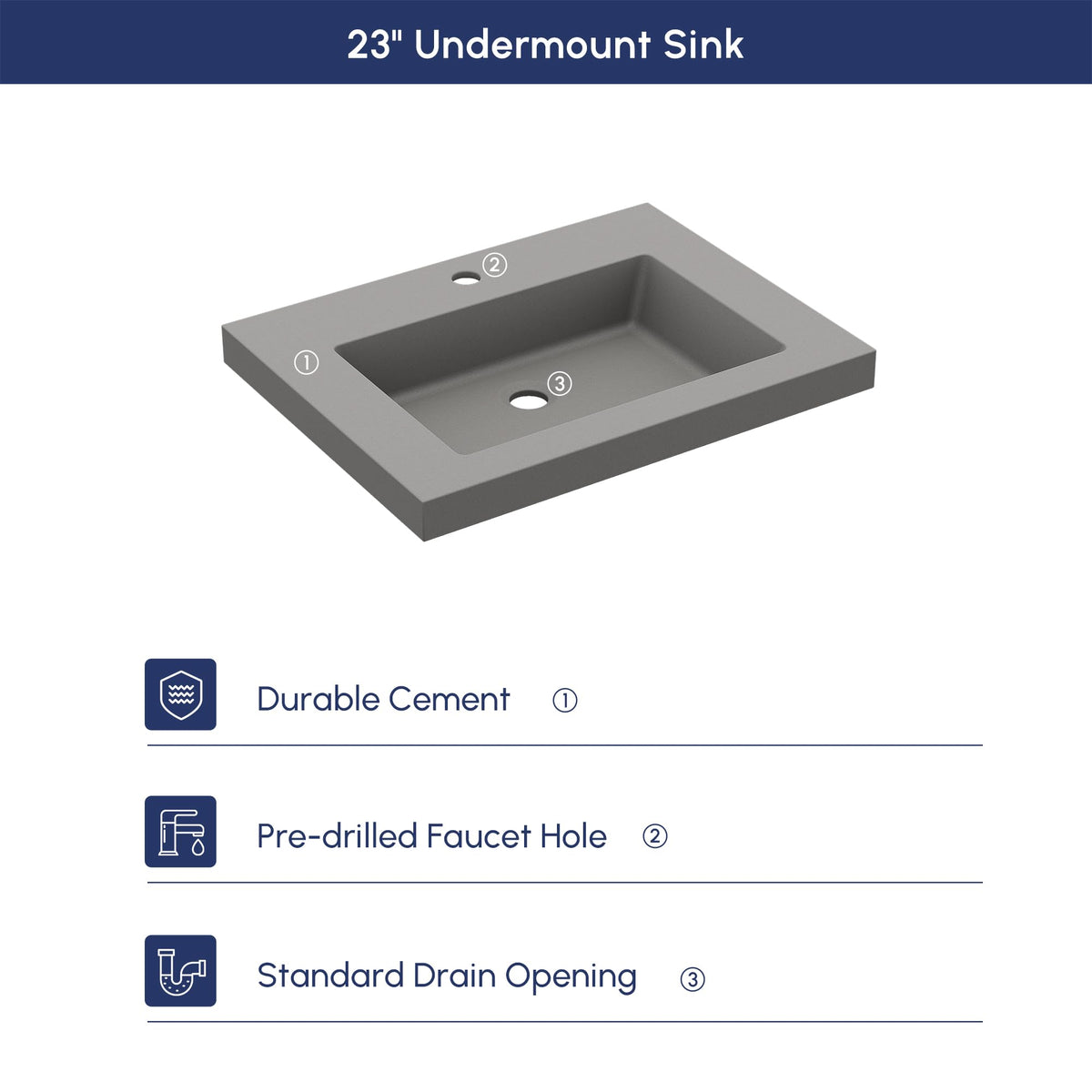 Semi Recessed Bathroom Sink, 23.4 Inch Rectangular Bathroom Vessel Sink, Drop-In Countertop Basin with Single Faucet Hole, Center Drain Assembly for Modern Vanity Cabinet, Gray