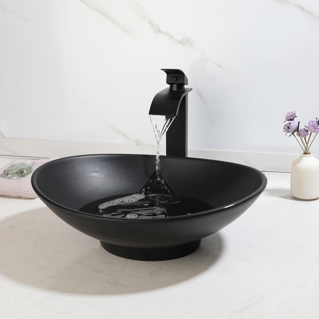 16" Bathroom Vessel Sink Oval Black Bowl
